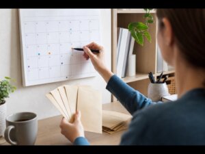 Persona che pianifica le spese annuali con calendario e buste dedicate