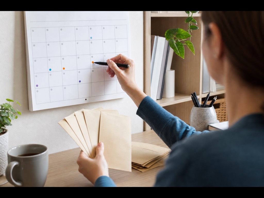 Persona che pianifica le spese annuali con calendario e buste dedicate